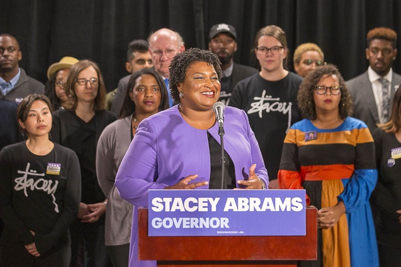 Georgia Democratic candidate for governor Stacey Abrams makes remarks during a press conference at her campaign headquarters on November 16. (ALYSSA POINTER/ALYSSA.POINTER@AJC.COM)