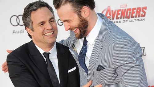 Chris Evans and Mark Ruffalo, shown here at the Hollywood premiere of Marvel's "Avengers Age Of Ultron" in 2015, have been in Atlanta filming the latest "Avengers" project. Photo: Getty Images
