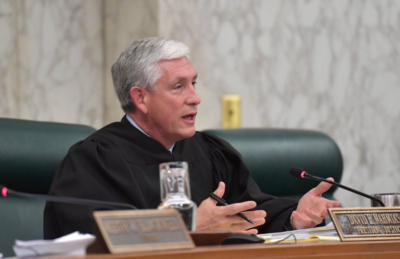 Presiding Justice David E. Nahmias speaks during a hearing at the Georgia Supreme Court in downtown Atlanta on Tuesday, May 7, 2019. The Georgia Supreme Court heard arguments in the case of Ryan Alexander Duke. At issue is whether Duke can file a pretrial appeal after his pro bono lawyers were denied funding for experts they say they need to defend him. Duke faces murder charges in the killing of Tara Grinstead. 