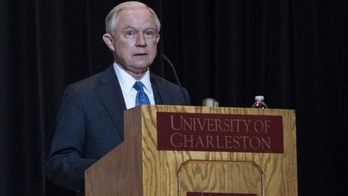 Attorney General Jeff Sessions addresses the crowd with opening remarks during a Drug Enforcement Administration (DEA) 360 Heroin and Opioid Response Summit at the University of Charleston on Thursday, May 11, 2017, in Charleston, W.Va. The event, which was sponsored by the DEA, Community Anti-Drug Coalitions of America and the University of Charleston School of Pharmacy, was held to provide solutions and strategies for combating the heroin and prescription drug abuse epidemic. (AP Photo/Sam Owens)