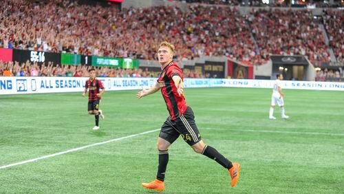 Atlanta United's Julian Gressel enjoys his goal against Portland in June. He'll be given another chance to score against the Timbers in Saturday's MLS Championship Game.