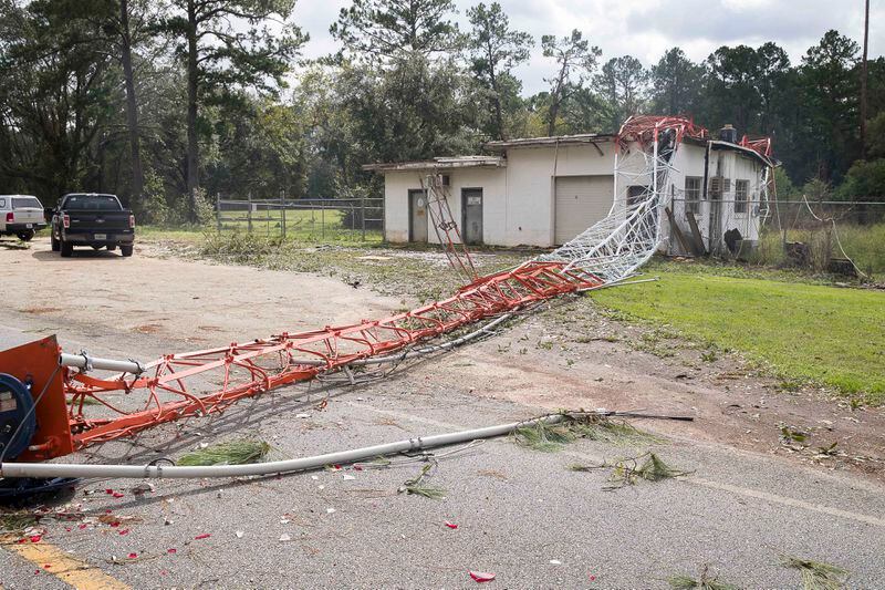 10/11/2018 -- Albany, Georgia -- A communications tower that allows communication with the Georgia State Patrol and the Georgia Department of Natural resources is tarnished in Albany, Thursday, October 11, 2018. The winds from Hurricane Michael destroyed buildings and trees, along with other structures.  (ALYSSA POINTER/ALYSSA.POINTER@AJC.COM)