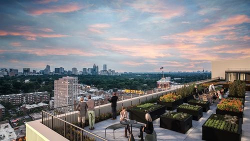 This is a rendering of the rooftop of Signal House, the new residential tower at Ponce City Market.