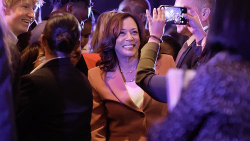 Vice President Kamala Harris takes photos with supporters at the Democratic Party of Georgia’s Spring Soiree in Atlanta on Friday, May 12, 2023. (Natrice Miller/ Natrice.miller@ajc.com)