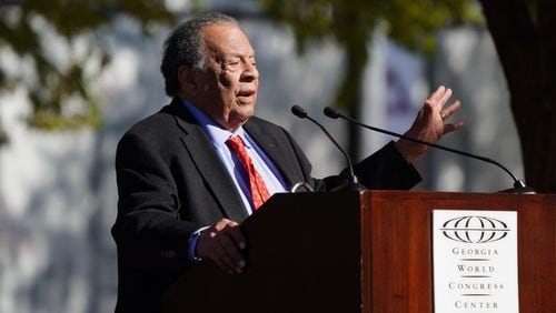 Andrew Young, former Atlanta Mayor and U.N. Ambassador, speaks during a dedication ceremony honoring Richard Jewell and first responders at Centennial Olympic Park, on Wednesday, November 10, 2021, in Atlanta. (Elijah Nouvelage for The Atlanta Journal-Constitution)