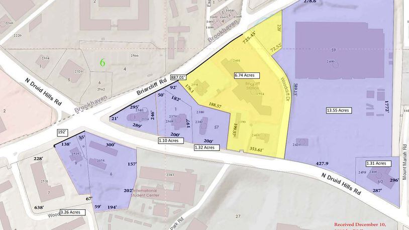 The area shown in purple and yellow is what property owners hope to annex into the city of Brookhaven. The area in yellow is proposed for a redevelopment.