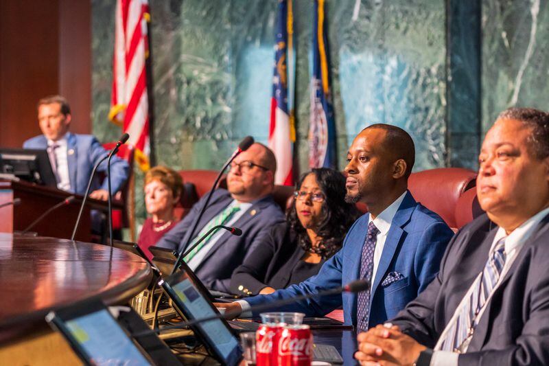 From far left to right: Atlanta City Council President Doug Shipman is joined by councilmembers Mary Norwood, Dustin Hillis, Andrea Boone, Antonio Lewis, and Michael Julian Bond during the full council's March 6, 2023 meeting.