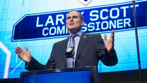 Pac-12 Commissioner Larry Scott speaks at Pac-12 NCAA college football Media Day, Wednesday, July 26, 2017, in the Hollywood section of Los Angeles. (AP Photo/Mark J. Terrill)