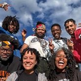 Members of the Black cycling collective Red, Bike and Green pose on a sunny day in Atlanta. Front row (L to R): Sylvester Price, Tasha Gomes, Zahra Alabanza. Back row (R to L): Chad Park, Kimerie Swift, Kenneth Florence Jr., and Marley Alabanza.