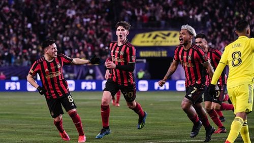 Atlanta United midfielder Emerson Hyndman #20 reacts after scoring a goal during the first half of the 2020 MLS season opener between Atlanta United FC and Nashville SC at Nissan Stadium in Nashville, Tennessee, on Saturday February 29, 2020. (Photo by Jacob Gonzalez/Atlanta United)