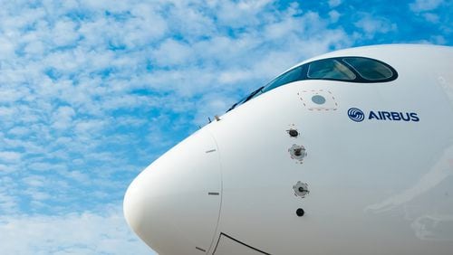 The nose of an Airbus A350. Airbus had lagged behind Boeing on orders through October. (Dreamstime/TNS)