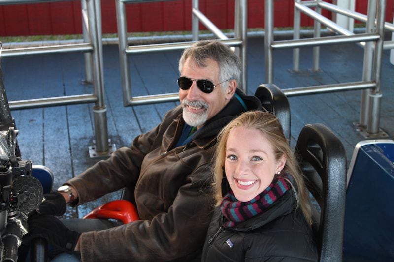 AJC reporters Tom Kelley and Kelly Audette prepare to ride the Great American Scream Machine facing backward at Six Flags Over Georgia on Wednesday. CONTRIBUTED BY NELSON HOBBS / MIDWAY MAYHEM