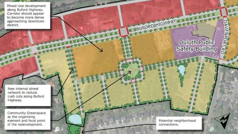 Duluth approves zoning change to allow for construction of 79 townhomes and a retail/mixed-use parcel on Buford Highway near Devenport Road. Courtesy City if Duluth