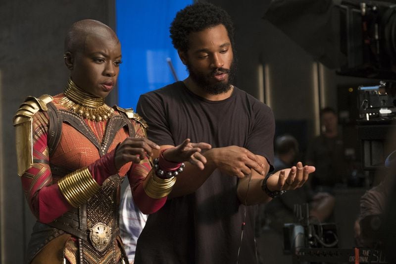 Danai Gurira, who plays Okoye in “Black Panther,” works with director Ryan Coogler. CONTRIBUTED BY MATT KENNEDY / MARVEL STUDIOS