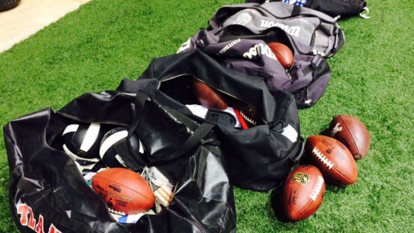 The Falcons equipment is packed away as they await new coach Dan Quinn. (D. Orlando Ledbetter/Dledbetter@ajc.com)