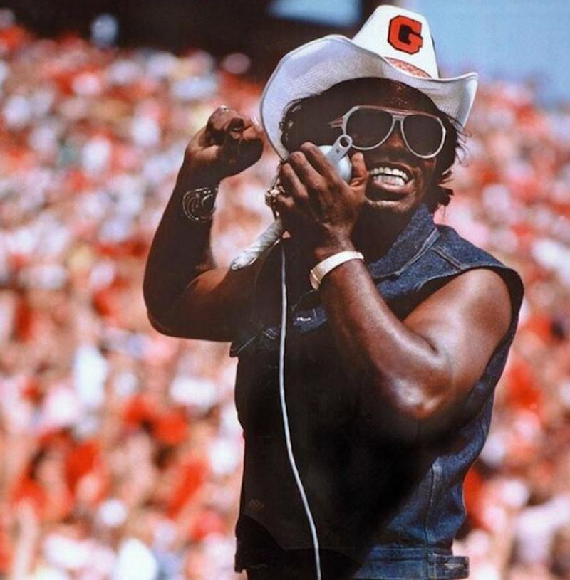 James Brown performs with the University of Georgia's Redcoat Band at Sanford Stadium in Athens in 1977. (Contributed by the University of Georgia)