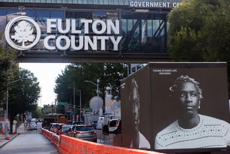 Outside of the front of the Fulton County Courthouse were a Young Thug new album promotional bus drove by on August 16, 2023 in Atlanta. Today is Young Thug’s Birthday. (Michael Blackshire/Michael.blackshire@ajc.com)