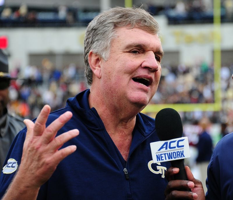 ATLANTA, GA - NOVEMBER 11: Head Coach Paul Johnson of the Georgia Tech Yellow Jackets is interviewed after the game against the Virginia Tech Hokies on November 11, 2017 at Bobby Dodd Stadium in Atlanta, Georgia. (Photo by Scott Cunningham/Getty Images)