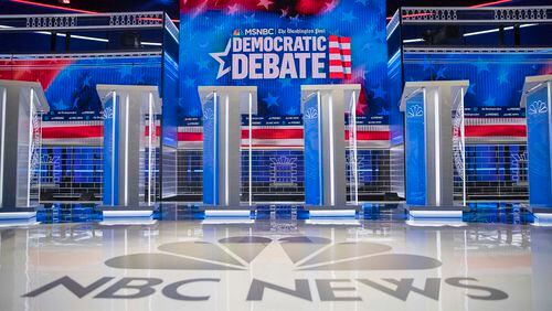 11/19/2019 -- Atlanta, Georgia -- Crews continue to work on the final touches of the debate stage a day before the live televised MSNBC/The Washington Post Democratic Presidential debate inside the Oprah Winfrey Soundstage at Tyler Perry Studios in Atlanta, Tuesday, November 19, 2019.  (Alyssa Pointer/Atlanta Journal Constitution)