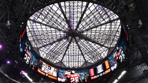 The  360-degree  video board is a centerpiece of Mercedes-Benz Stadium.