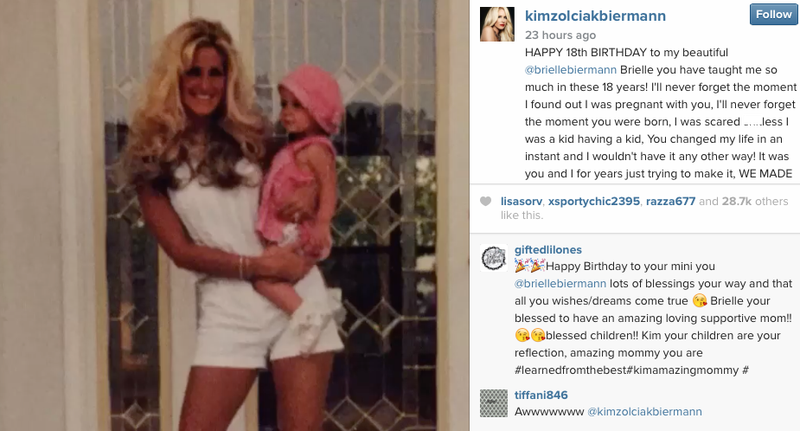 Bravo reality personality Kim Zolciak posted this flashback photo to celebrate daughter Brielle's 18th birthday.