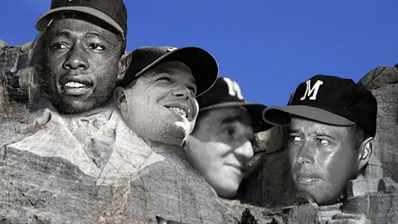 Mount Rushmore of Braves players: (from left to right) Henry ‘Hank’ Aaron, Larry “Chipper” Jones, Warren Spahn and Eddie Mathews.