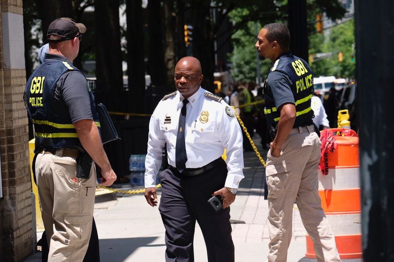 6/30/21 - ATLANTA, GA - Several streets were closed in Midtown Atlanta after a police officer was shot at an apartment building on June 30.  The officer was shot at the Solace on Peachtree Apartments in the 700 block of Peachtree, one block north of the iconic Fox Theatre.   Ben Gray for the Atlanta Journal-Constitution