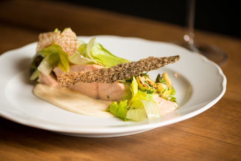  Achie's Poached Salmon with crisp skin, Brussels, lemon emulsion, whipped celery root, pickled celery. Photo credit- Mia Yakel.