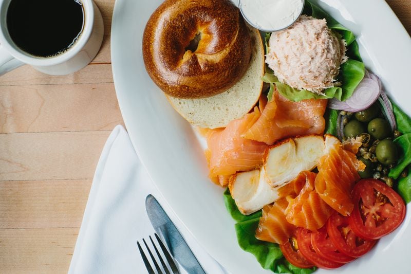 The Maven platter at The General Muir is a smorgasboard of lox, smoked salmon, sable and baked salmon salad rounded out with ccapers, red onion, olives, a choice of schmear and a bagel.