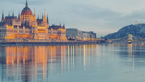 The view of the Budapest Parliament Building from the Danube River.