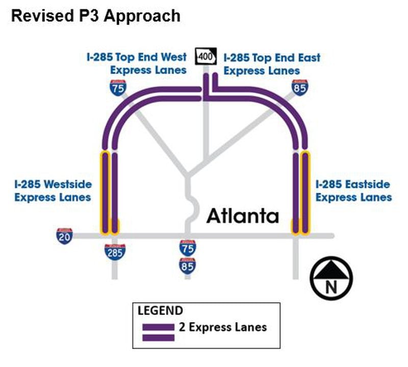 State officials say private investment would allow them to build two new toll lanes in each direction along the east and west side of I-285. The state currently plans to build one lane in each direction in those areas. (Courtesy of Georgia Department of Transportation)