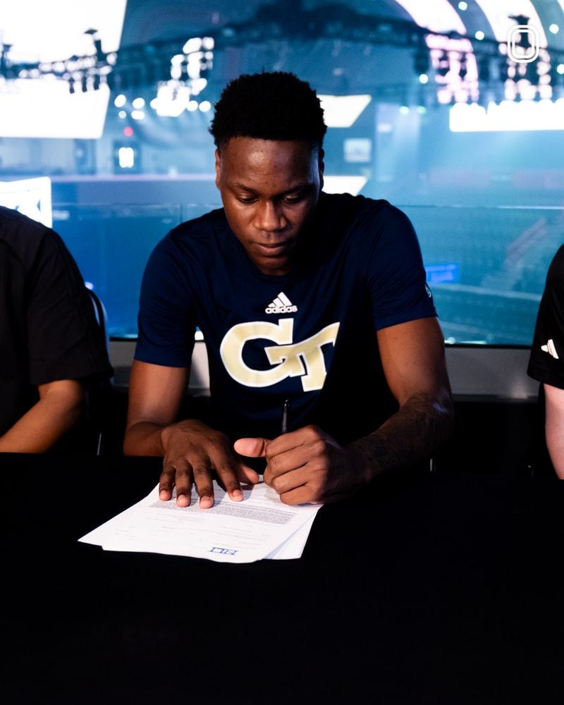 Georgia Tech signee Darrion Sutton of Overtime Elite signs to play basketball for the Yellow Jackets on April 16, 2024, at the OTE headquarters in Atlantic Station (Photo by Overtime Elite)