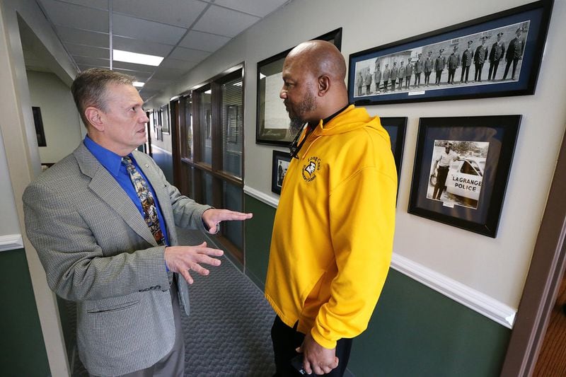 LaGrange Police Chief Louis M. Dekmar, left, and Troup County NAACP president Ernest Ward meet on Wednesday, Jan. 25, 2017, at the police department in LaGrange. The chief’s public apology for his agency’s role in the 1940 lynching of a black man is believed to be among the first ever for a law enforcement agency. CURTIS COMPTON/CCOMPTON@AJC.COM