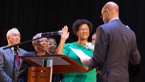 Bianca Motley Broom is sworn in by Georgia Supreme Court Chief Justice Harold Melton as the mayor of College Park on Jan. 6, 2020. She defeated Jack Longino, who had been mayor 24 years. (Courtesy the City of College Park)