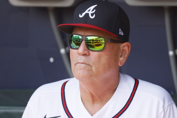 Braves manager Brian Snitker looks on during the fifth inning Sunday at Truist Park. (Miguel Martinez / miguel.martinezjimenez@ajc.com)