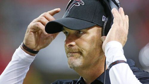 Falcons coach Dan Quinn works the sidelines during the first quarter against the Ravens in their preseason game on Thursday, Sept. 3, 2015, in Atlanta. Curtis Compton / ccompton@ajc.com