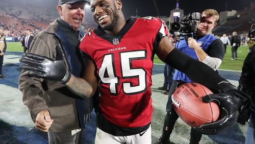 January 6, 2018 Los Angeles: Falcons linebacker Deion Jones celebrates a 26-13 victory over the Rams in their NFL Wild Card Game on Saturday, January 6, 2018, in Los Angeles.    Curtis Compton/ccompton@ajc.com
