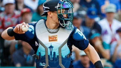 National League catcher Sean Murphy sports a Seattle-themed chest protector during the 2023 MLB All-Star Game July 11, 2023, at T-Mobile Park, in Seattle. (Dean Rutz/The Seattle Times/TNS)