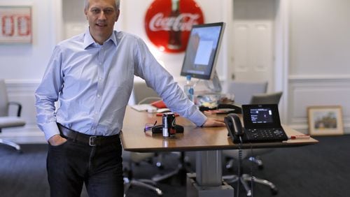 James Quincey in his office at Coca-Cola’s Atlanta headquarters. He became Coke’s chief executive officer on May 1, succeeding Muhtar Kent. BOB ANDRES /BANDRES@AJC.COM