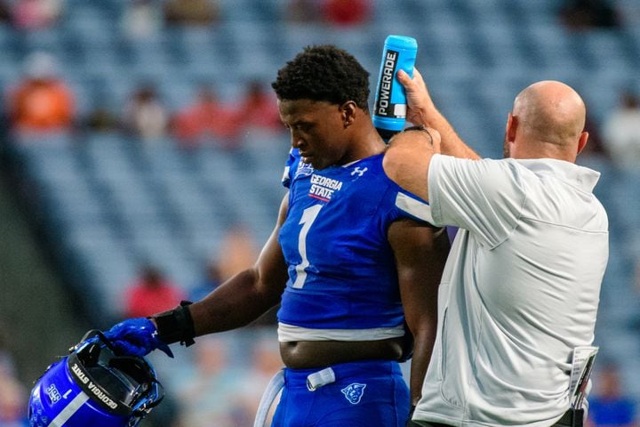 Georgia State's Robert Lewis tries to stay cool in a game against Troy Saturday, Sept. 30, 2023 (Jamie Spaar for the Atlanta Journal Constitution)