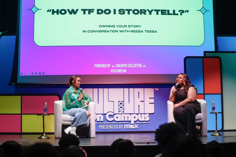 Internet personality Tareasa Johnson (right), known online as Reesa Teesa speaks to media personality Anisa Brenee on a panel about storytelling during CultureCon on the campus of Clark Atlanta University on Friday, April 12, 2024. Johnson went viral after creating the 50-part TikTok series “Who TF Did I Marry” where she talks about her six-month marriage to a man that she says was a pathological liar. (Natrice Miller/ AJC)