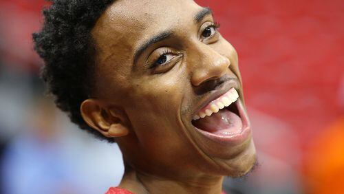 Hawks guard Jeff Teague shares a laugh with trainers before playing the Cavaliers in Game 1 of the Eastern Conference Finals on Wednesday, May 20, 2015, in Atlanta. Curtis Compton / ccompton@ajc.com