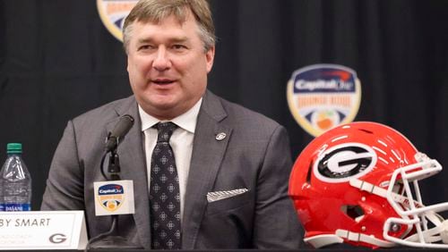 Georgia head coach Kirby Smart speaks during the head coaches joint press conference at the Le Meridien Dania Beach Hotel, Friday, Dec., 29, 2023, in Fort Lauderdale, Florida. (Jason Getz / Jason.Getz@ajc.com)