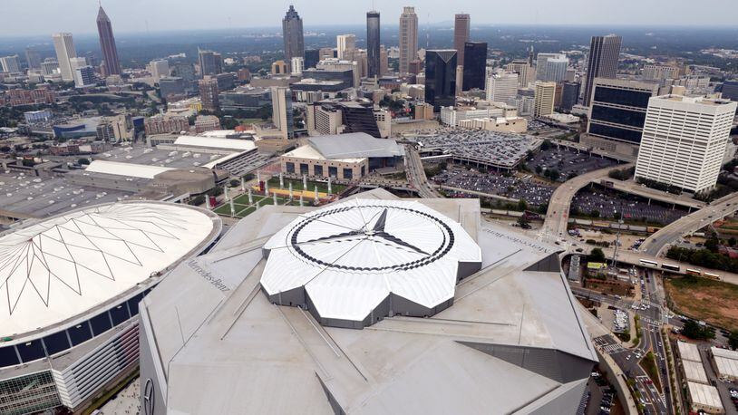An aerial view of  Mercedes-Benz Stadium with the roof closed, as it has been for each of the stadium’s first five sports events.