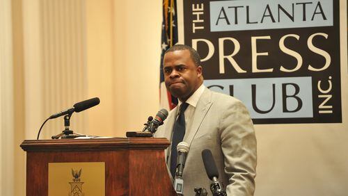 Atlanta Mayor Kasim Reed speaks at the Atlanta Press Club luncheon Friday January 31,2014 at the Capital City Club. Reed continues to field questions about the city’s response to severe weather that crippled much of area earlier this week. BRANT SANDERLIN /BSANDERLIN@AJC.COM