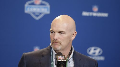 Atlanta Falcons head coach Dan Quinn responds to a question during a news conference at the NFL football scouting combine Wednesday, Feb. 24, 2016, in Indianapolis. (AP Photo/Darron Cummings)