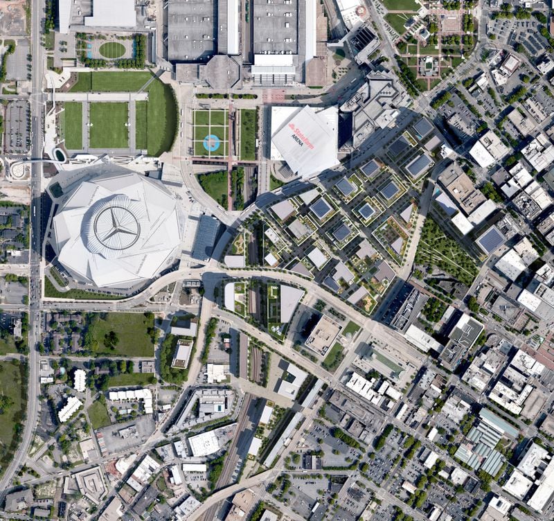 An aerial rendering of the layout of Centennial Yards in downtown Atlanta.