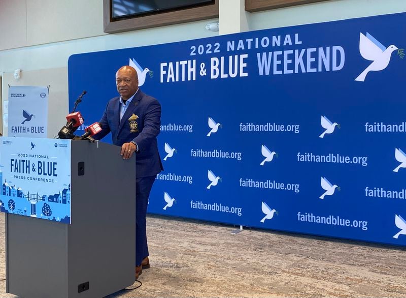 Cobb County Sheriff Craig Owens talks during a press conference at the Chamblee Public Safety Headquarters to launch the third annual National Faith & Blue Weekend. Cobb County has been involved with the organization since 2020.