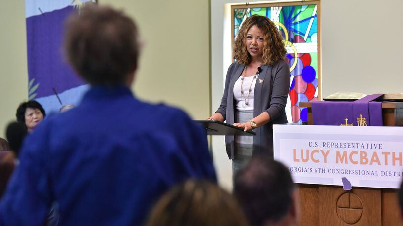 Rep. Lucy McBath takes answers questions at Pilgrimage United Church of Christ in Marietta on Saturday. She pledged to represent everyone in her district, regardless of party affiliation. HYOSUB SHIN / HSHIN@AJC.COM