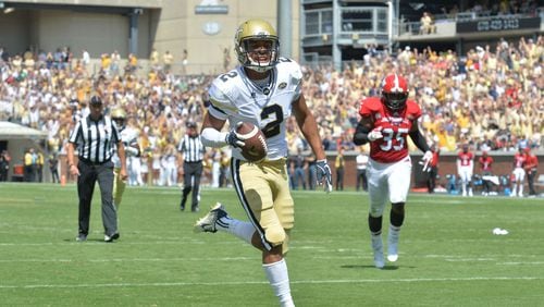 September 9, 2017 Atlanta - Georgia Tech wide receiver Ricky Jeune (2) scores a touchdown after he made a touchdown catch in the second half of the Georgia Tech home opener at Bobby Dodd Stadium on Saturday, September 9, 2017. Georgia Tech won 37-10 over the Jacksonville State. HYOSUB SHIN / HSHIN@AJC.COM
